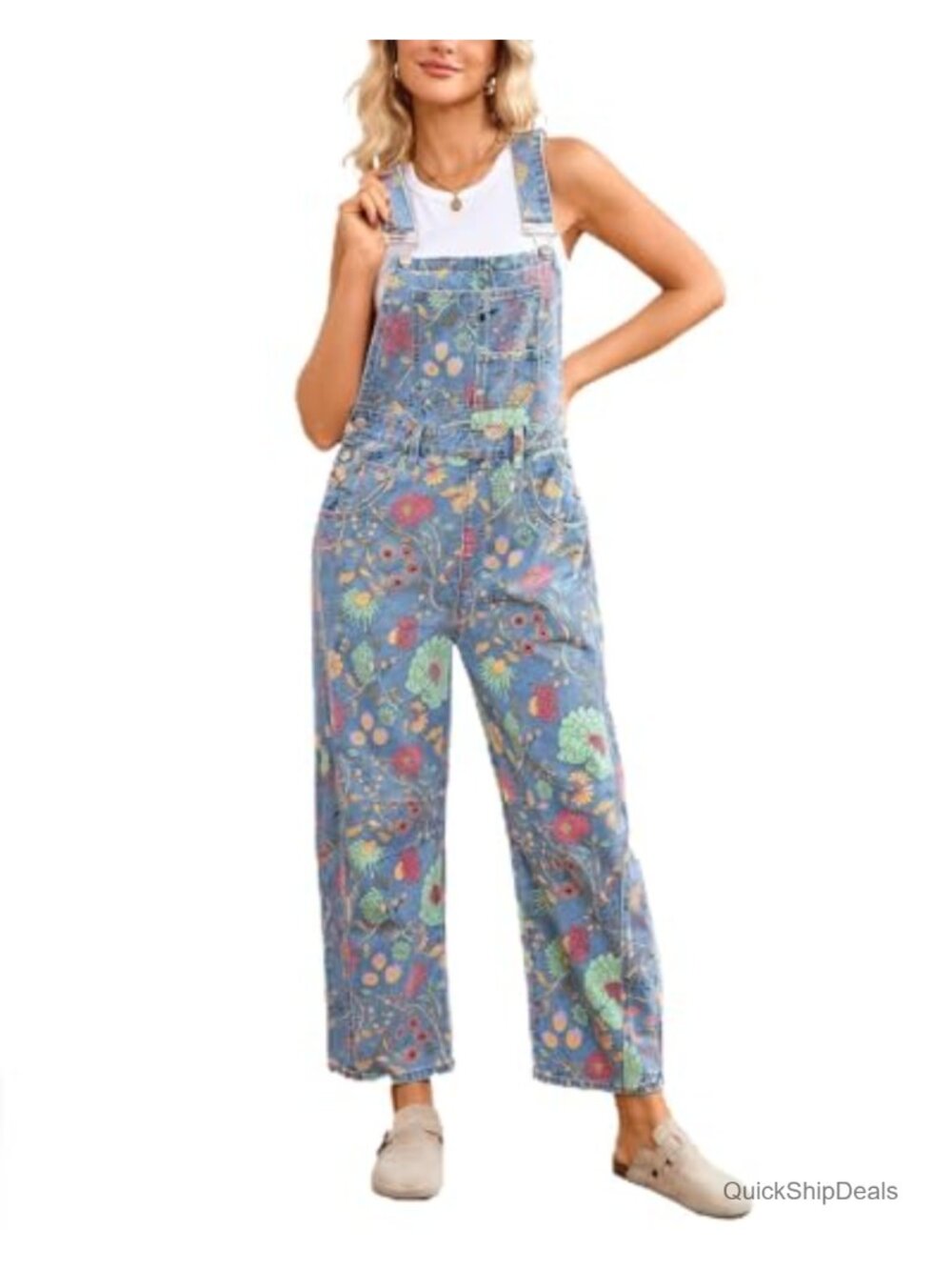 Womens Floral Denim Overalls Wide Leg Adjustable Strap Jean Jumpsuit